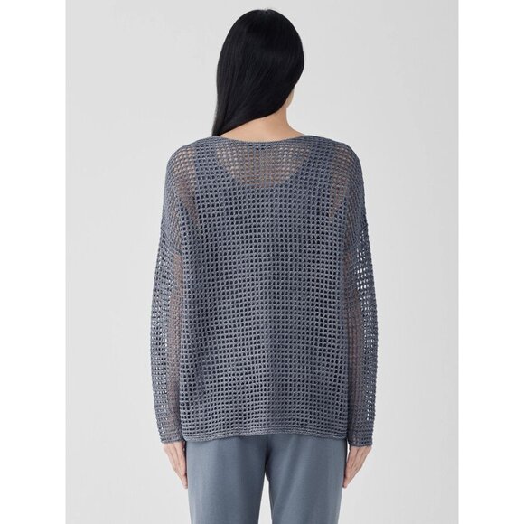 LARGE Eileen Fisher Gray Organic Linen Délavé Round Neck Crochet Top - Picture 10 of 11